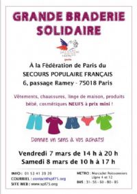 braderie solidaire. Le vendredi 7 mars 2014 à paris18. Paris.  14H00